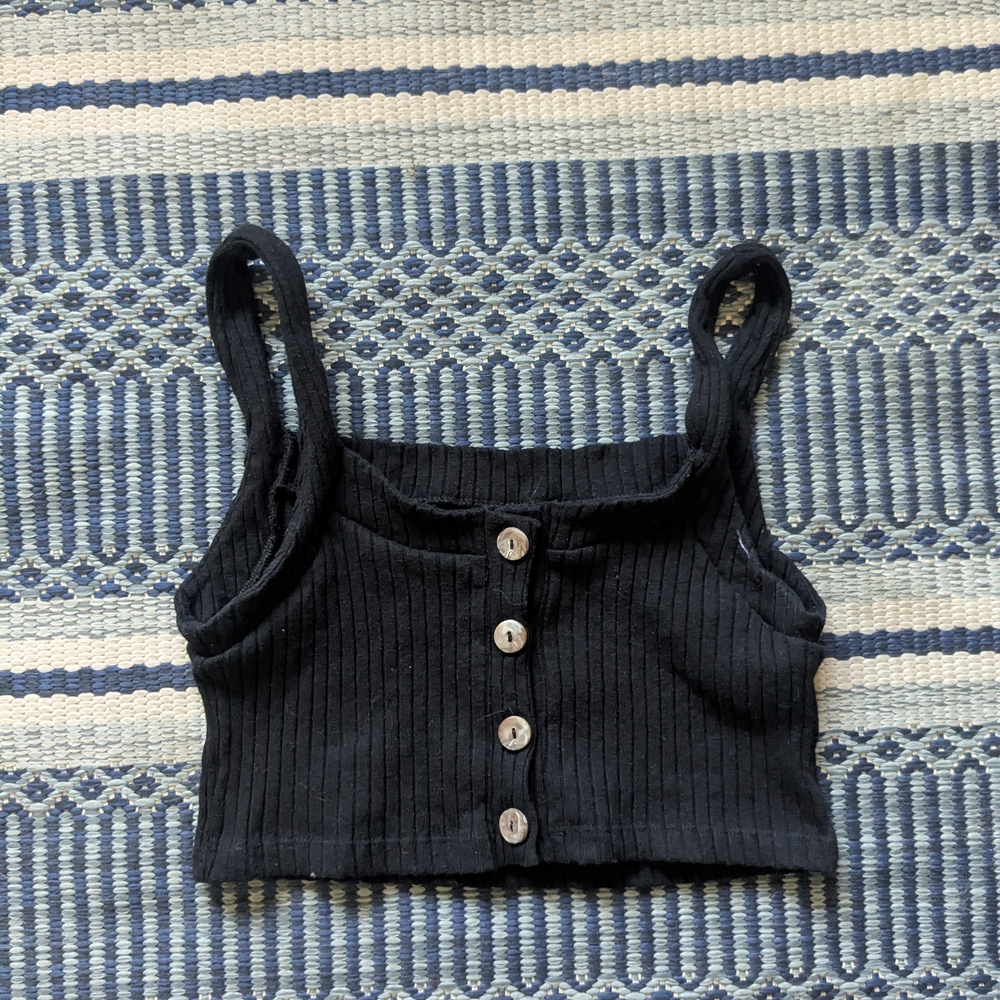 Black Ribbed Button-Up Crop Top